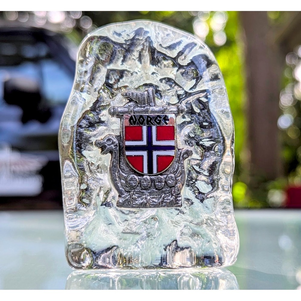 Vintage Scandinavian Glass Ice Sculpture Metallic Emblem Viking Longship Norge
